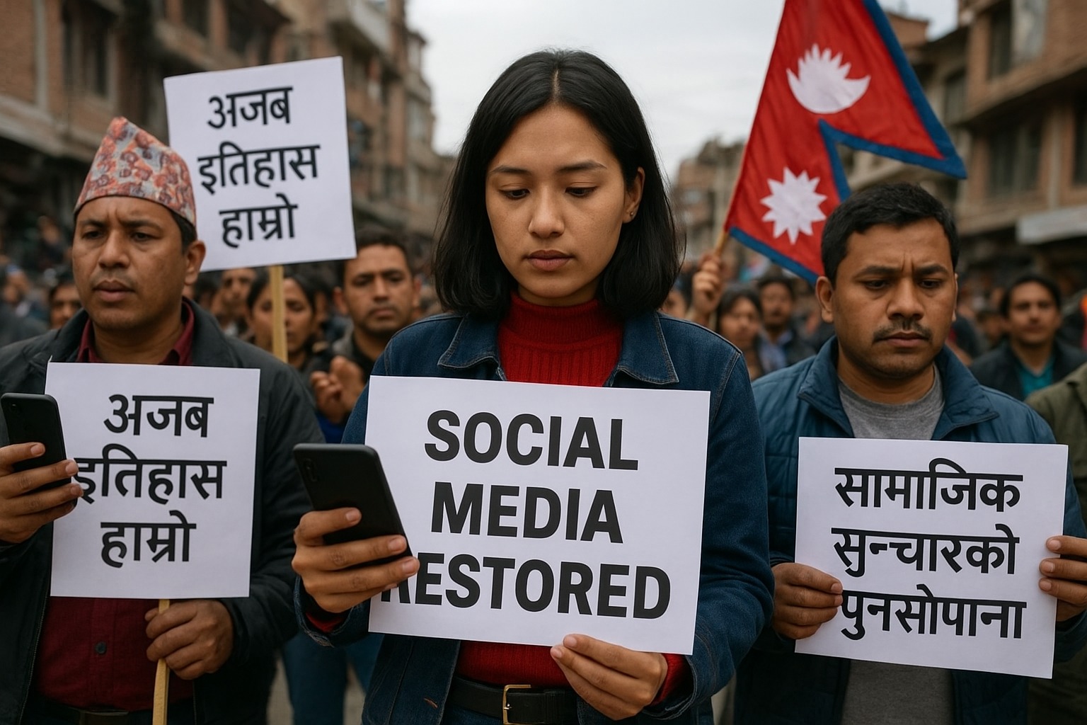 Protesters in Nepal holding banners while using smartphones after social media apps were restored.
