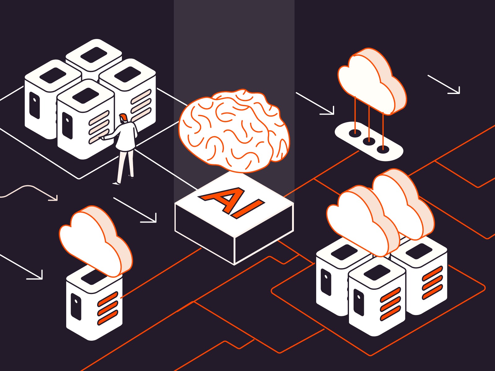 Illustration of cloud servers and AI models representing infrastructure supporting foundation AI models.