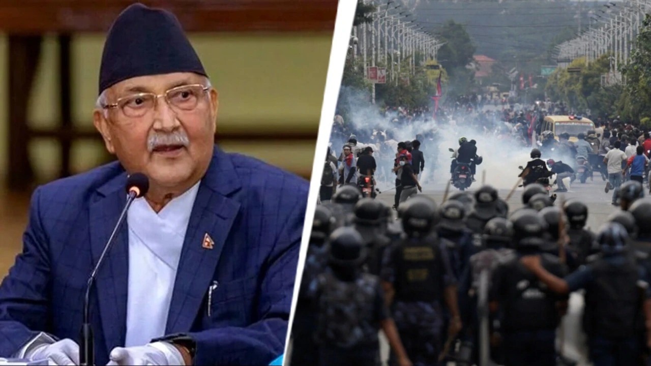 Crowds protesting in Nepal with security forces present amid political unrest and resignation of PM KP Sharma Oli.