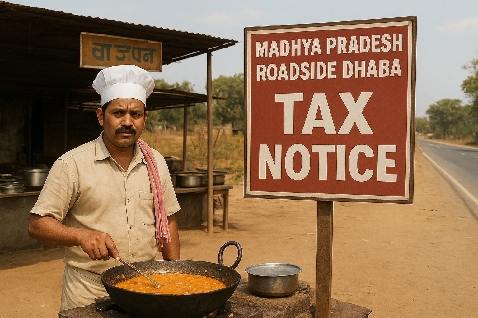 Madhya Pradesh roadside dhaba with a cook, symbolizing tax notice controversy.