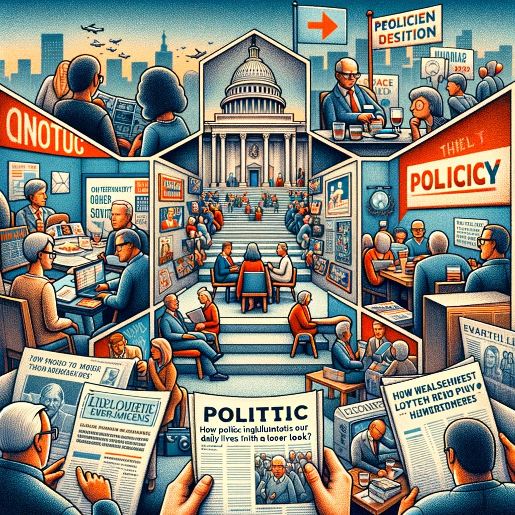 Illustration of government policies impacting daily life, including finance, health, and travel.