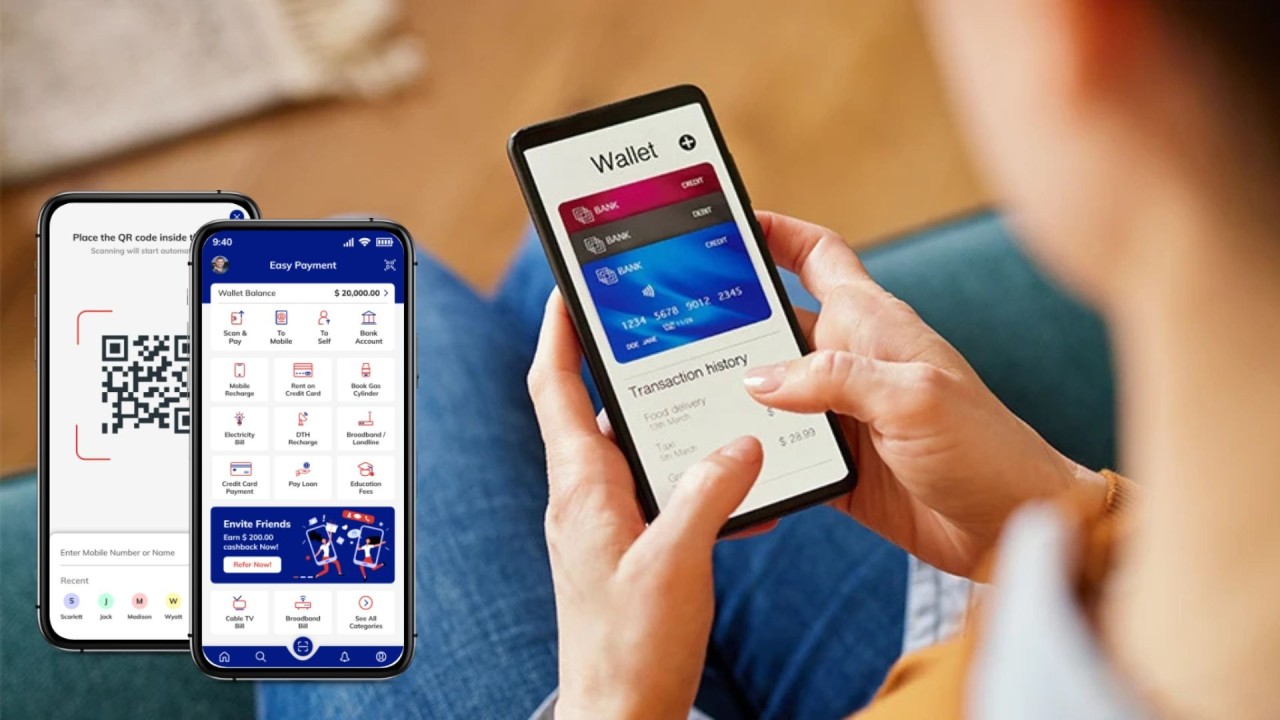 Smartphone displaying a digital wallet app next to traditional bank building.