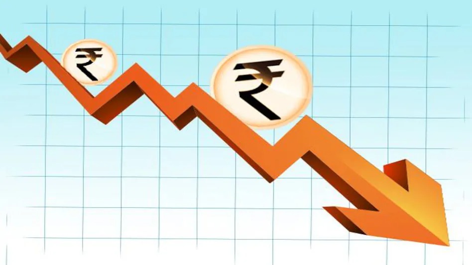 Falling rupee symbol with graph