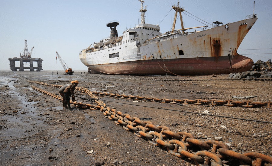 Ship being dismantled at a recycling yard in India representing the growing ship recycling industry
