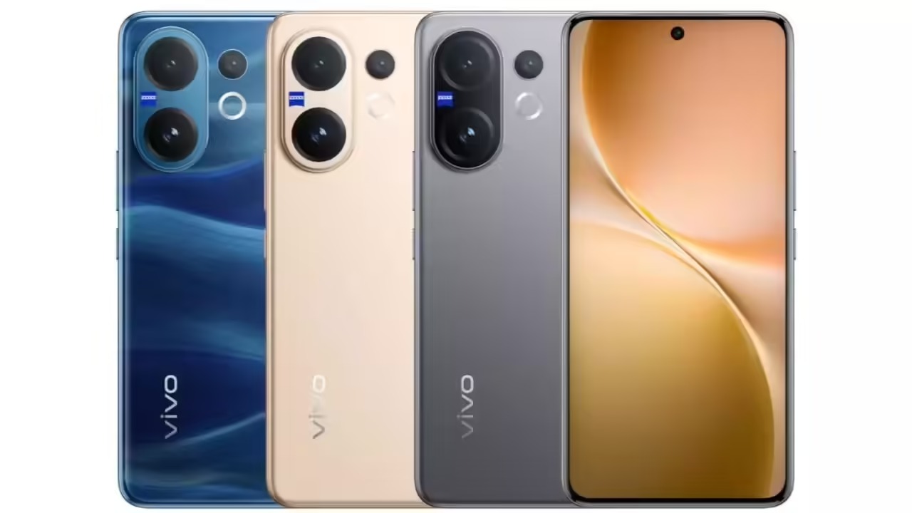 Vivo V60e smartphone in Noble Gold color showcasing its sleek design and triple rear camera setup.