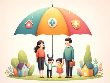 Family protected under umbrella symbolising term insurance benefits and riders