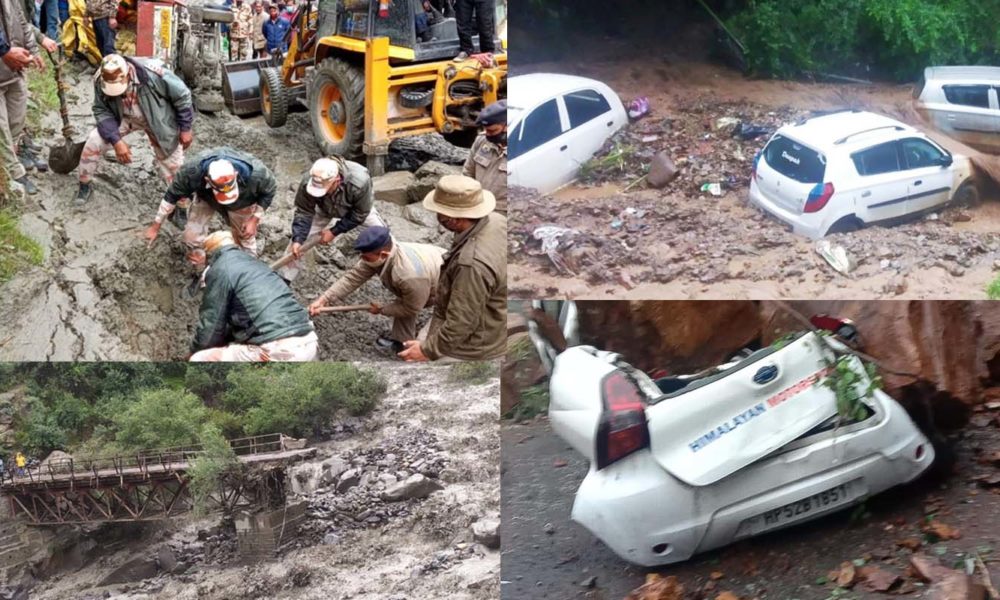 Landslide in Himachal Pradesh during monsoon, showing road damage and rescue operations