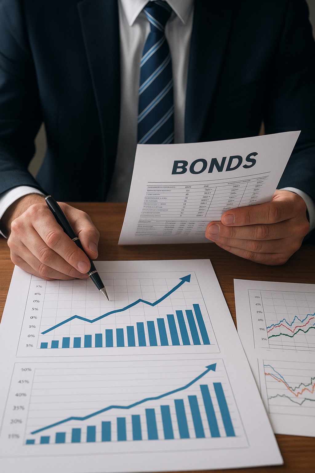 Investor reviewing bonds and financial charts showing rising yields