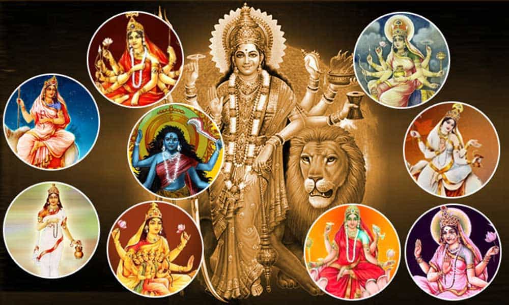  Goddess Durga in nine forms depicted in colorful artwork