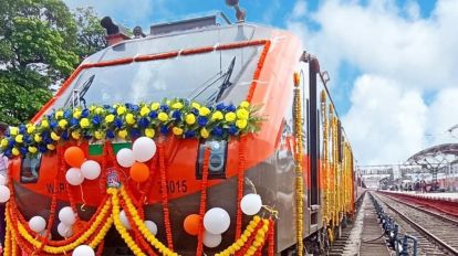Amrit Bharat train at Bihar station with modern coaches