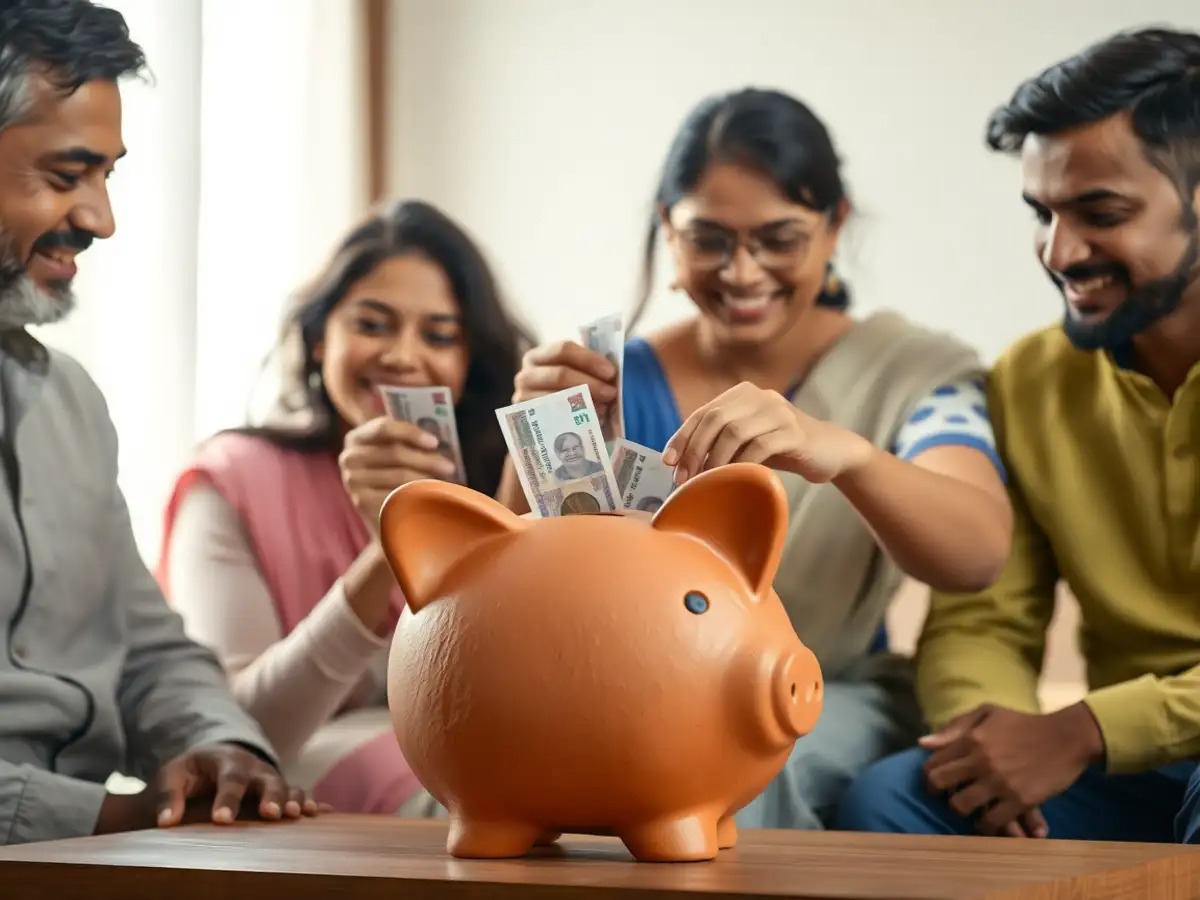 Indian family saving money together at home