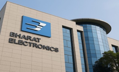 Bharat Electronics Ltd office building with Indian flag