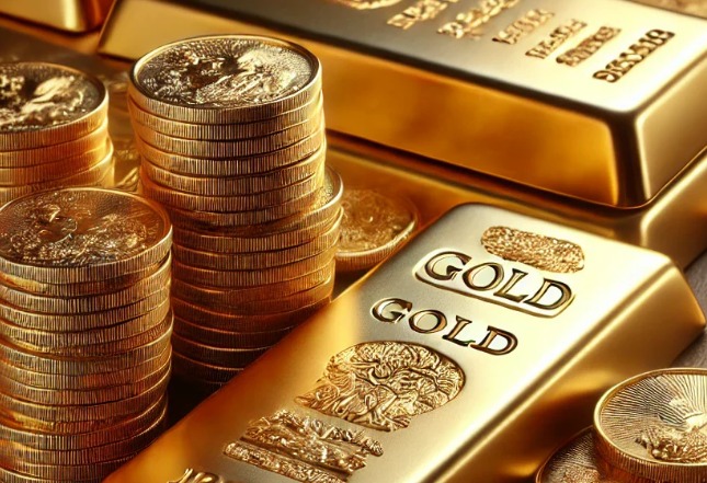 Gold coins and bars