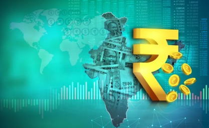 Indian rupee currency notes with global trade background