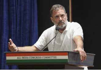 Rahul Gandhi delivering a speech in Colombia