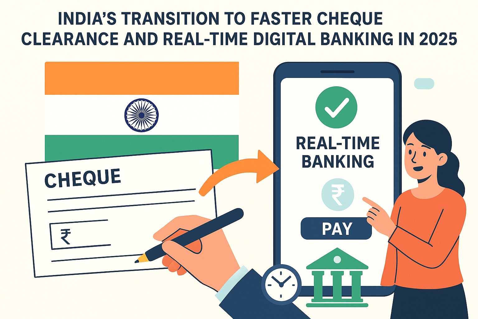 Illustration showing India’s transition to faster cheque clearance and real-time digital banking in 2025.