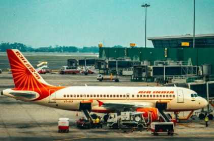 Air India aircraft at Delhi Airport Terminal 2, showcasing upgraded domestic terminal facilities.