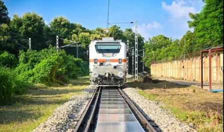 Electric locomotive on a solar-powered railway track in India symbolizing eco-friendly and sustainable railways
