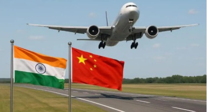 India and China flags with an airplane in the background, symbolizing the resumption of direct flights after five years