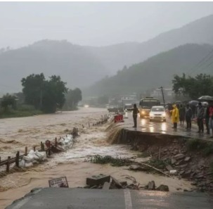 Flooded streets and landslide-affected areas in Nepal with rescue operations underway during monsoon rains.