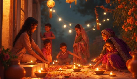 Diwali celebration with diyas and festive lights symbolizing prosperity and financial planning.