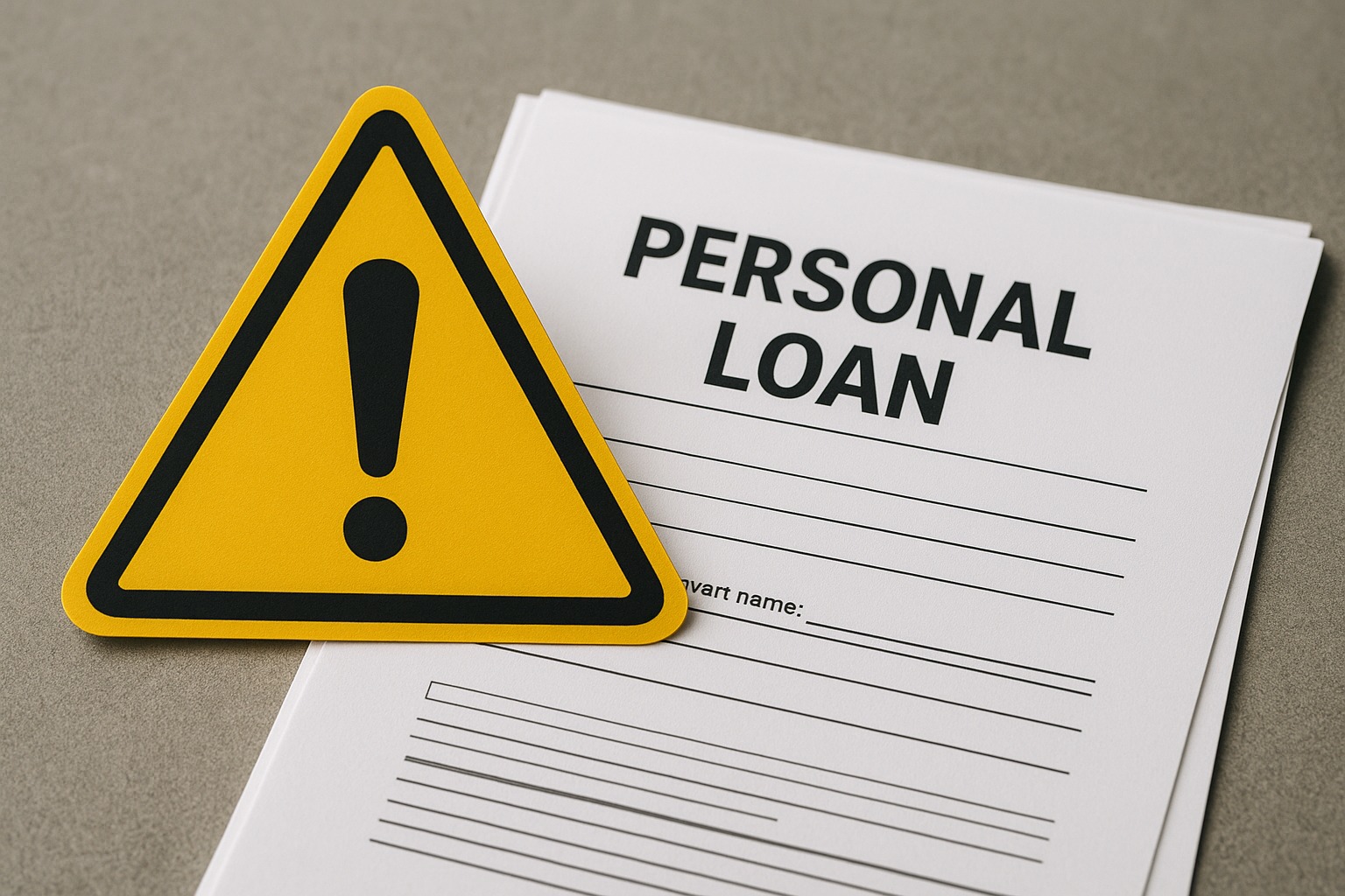 Warning symbol with personal loan documents representing common loan scams.