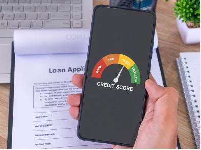 A person checking their CIBIL score on a smartphone screen for instant loan approval.