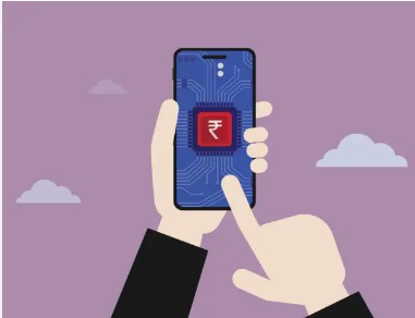 Illustration of RBI Digital Rupee with smartphone digital payment interface