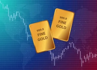 Gold bars, coins, and digital gold ETF charts on screen