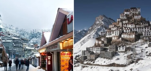 Early snowfall covering Himalayan village in Himachal Pradesh