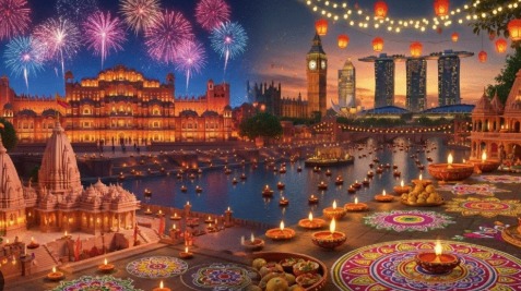 People celebrating Diwali 2025 with diyas and fireworks across the world