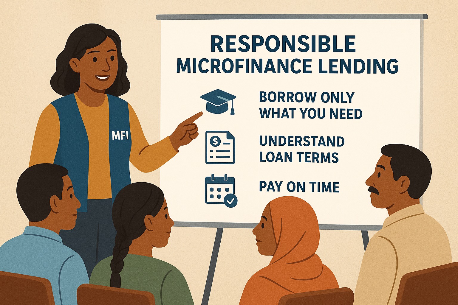MFI officer guiding a group of borrowers about responsible microfinance lending