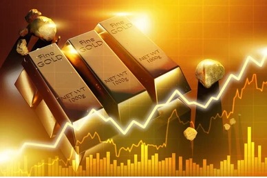 Gold bars and coins with rising market graph indicating price surge