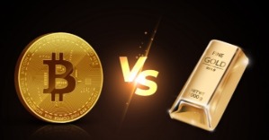 Gold bars and Bitcoin coin side by side representing alternative investments
