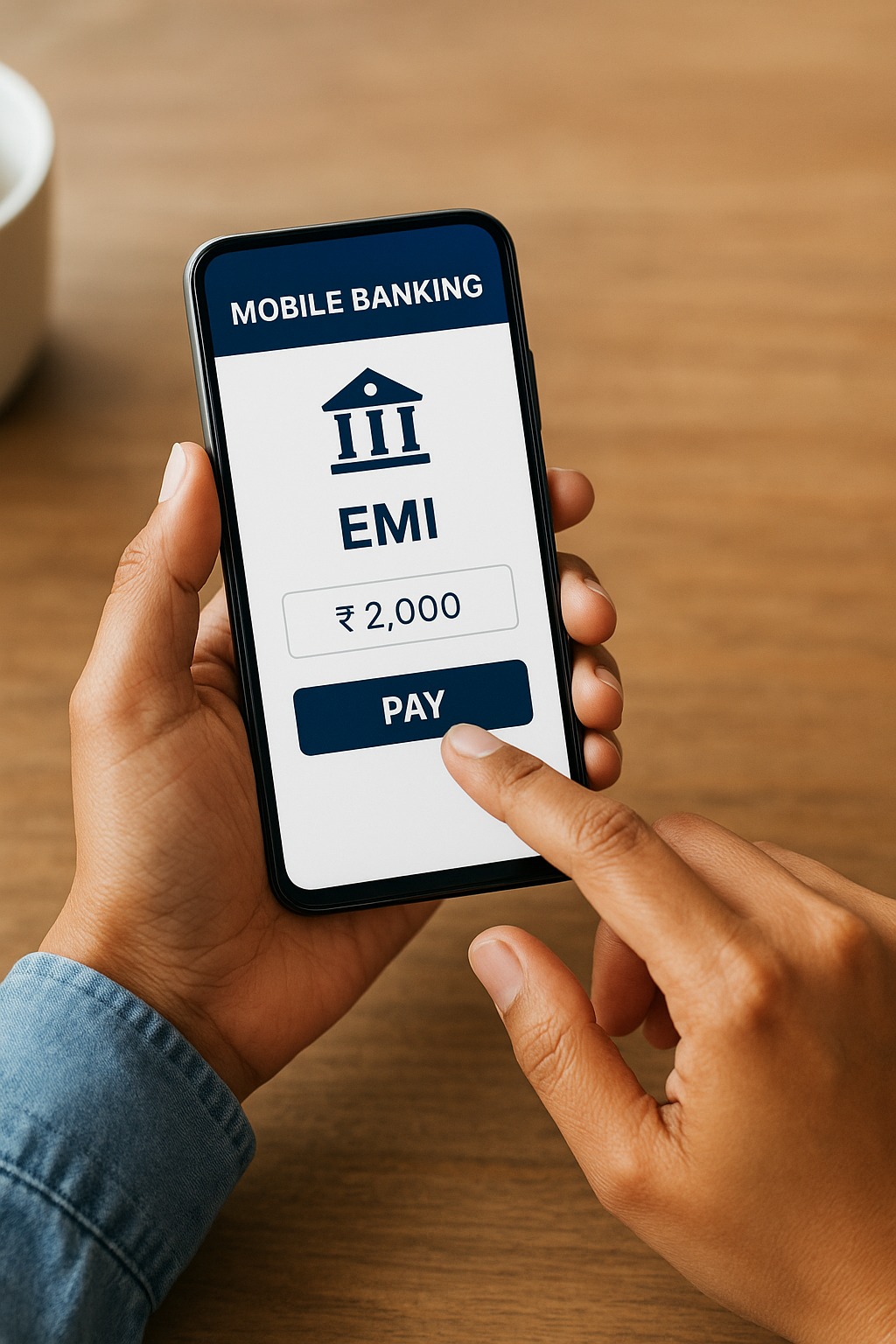 Person paying EMI online using mobile banking app in India