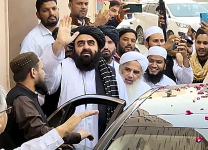 Taliban Foreign Minister Amir Khan Muttaqi meeting Indian officials during his visit to New Delhi