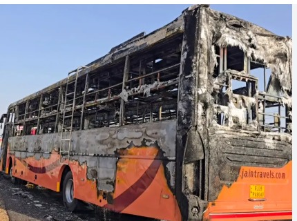 Burnt private bus on Rajasthan highway after tragic fire incident