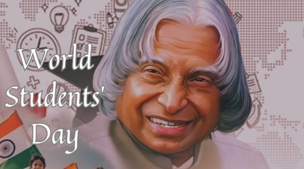 Students celebrating World Students Day with a portrait of Dr APJ Abdul Kalam
