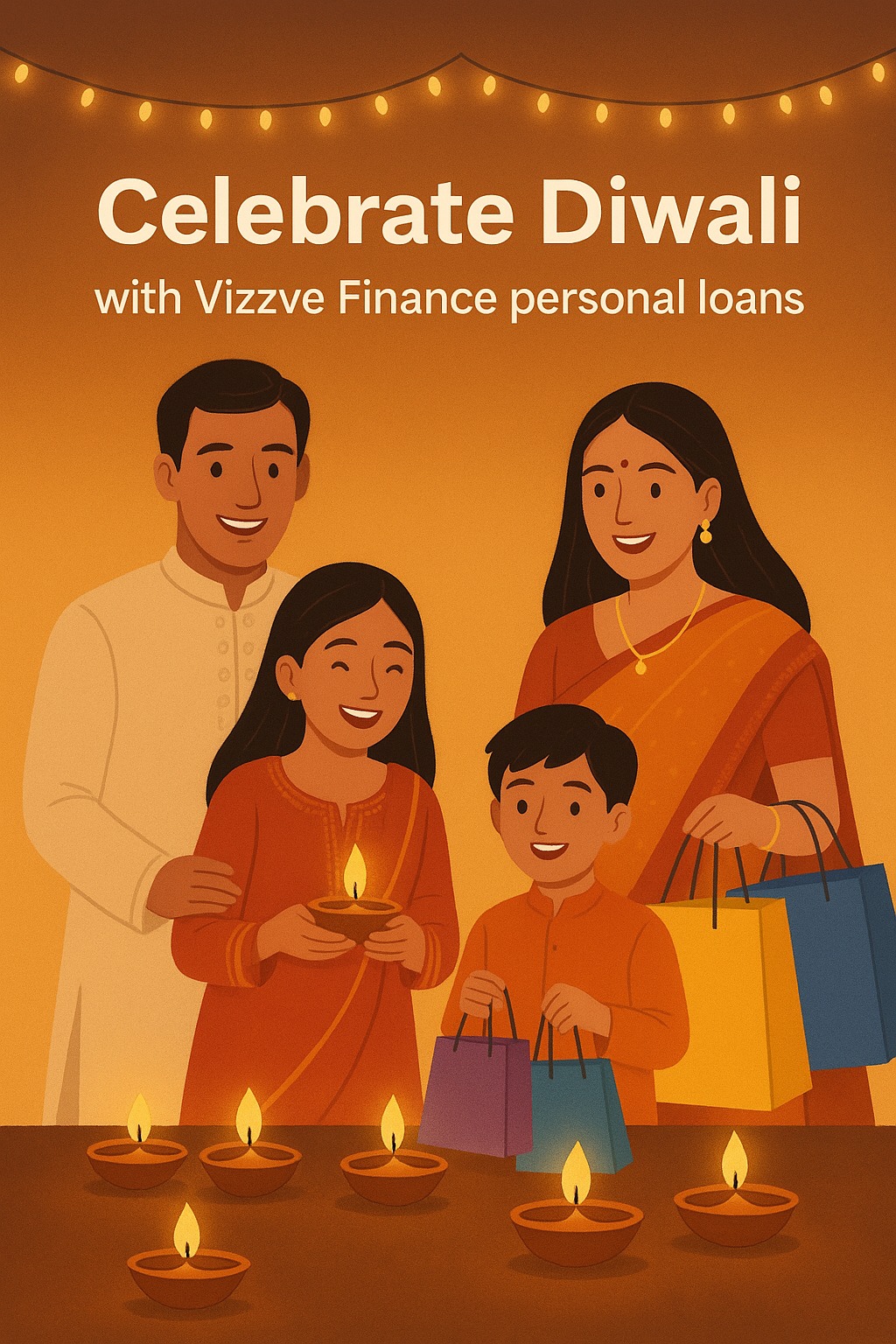Family celebrating Diwali with diyas and shopping, supported by Vizzve Finance personal loans