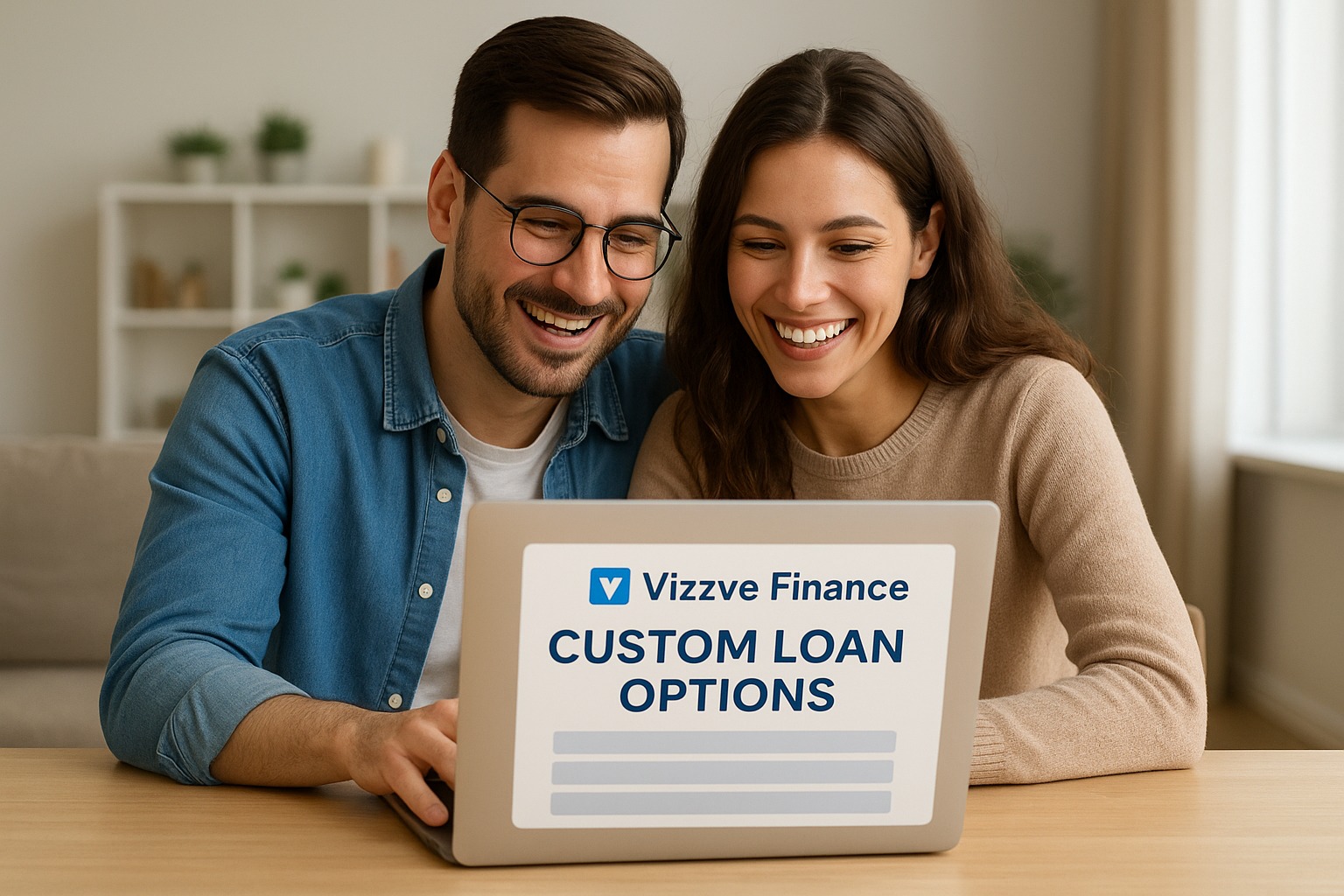 Happy couple reviewing custom loan options from Vizzve Finance on laptop