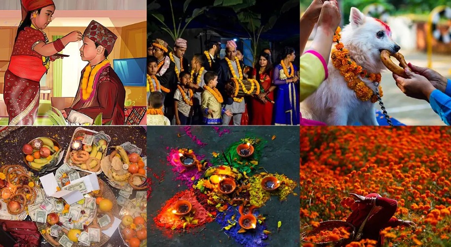 Nepali family celebrating Tihar with diyas, flowers, and rangoli at home