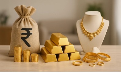 Gold jewelry and Indian currency symbolizing gold loan and inflation impact