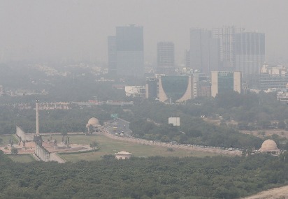 Delhi skyline covered in smog with air quality sensors and drones detecting pollution
