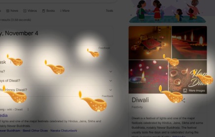 Screenshot of Google search results with Diwali festival animation and lights.