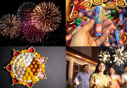 Diwali 2025 celebration with diyas, fireworks, and festive lights.