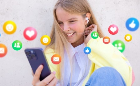 Teenager using smartphone with social media icons overlaid, representing Australia’s age restriction policy.