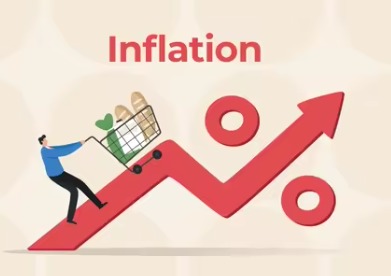 Rising inflation graph with a credit score gauge, representing financial management during inflation.