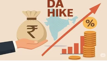 UP government employees celebrating DA hike announcement with state financial charts in background.