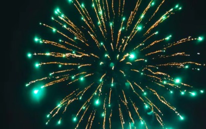 Green crackers bursting safely with festive lights and pollution control sign.