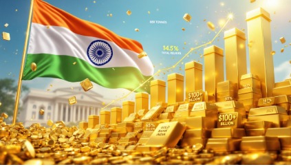 Stacks of gold bars with the Indian flag and financial growth graph representing India’s $100 billion gold reserves.
